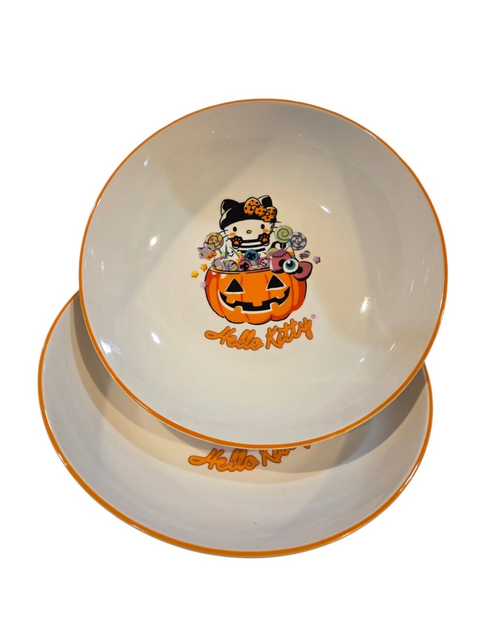 Hello Kitty Set of 2 Serving Bowls with Orange Trim and Halloween Pumpkin Party